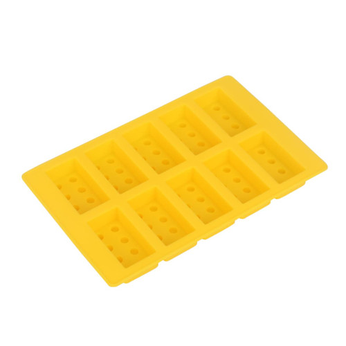 A yellow silicone ice cube tray featuring ten moulded sections, designed for custom shapes. A yellow silicone ice cube tray featuring ten moulded sections, designed for custom shapes.