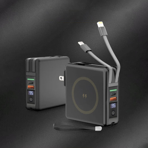 A black magnetic travel charger with multiple cables and a digital display, featuring a logo on the side.