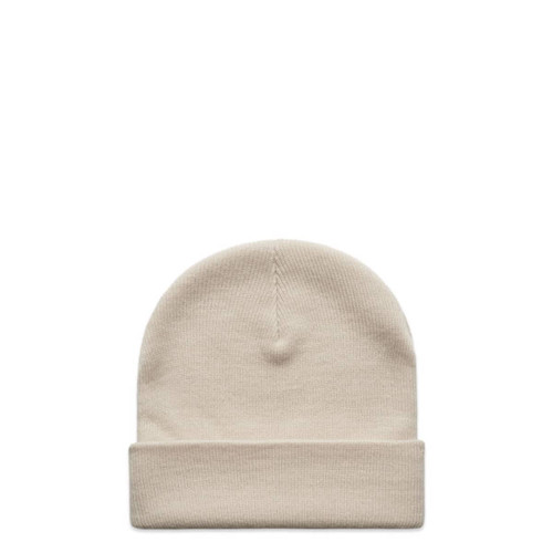 A beige cuff beanie with a folded brim and a seamless design. It features a branding logo. A beige cuff beanie with a folded brim and a seamless design. It features a branding logo.