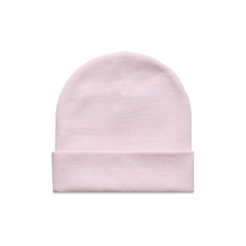 A light pink cuff beanie with a folded brim and a subtle logo. A light pink cuff beanie with a folded brim and a subtle logo.