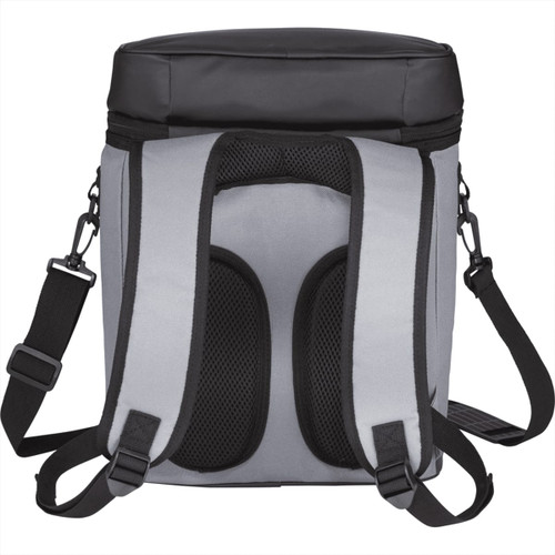 A grey backpack cooler with black accents and adjustable straps, featuring a textured back panel for comfort. A grey backpack cooler with black accents and adjustable straps, featuring a textured back panel for comfort.