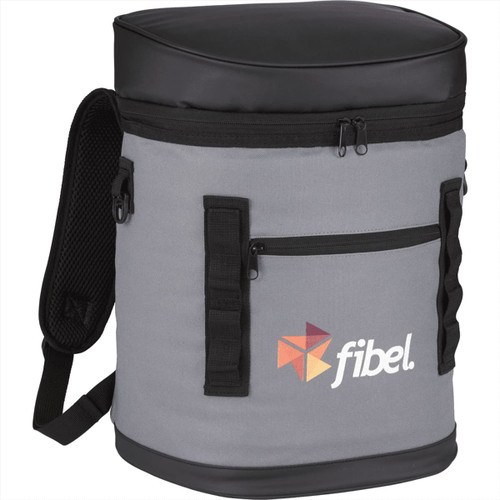 A grey cooler bag with a black top, featuring a side pocket and a logo on the front. A grey cooler bag with a black top, featuring a side pocket and a logo on the front.