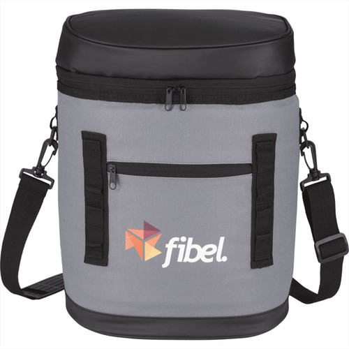 A grey cooler bag with a black top and strap, featuring a front pocket and a logo. A grey cooler bag with a black top and strap, featuring a front pocket and a logo.