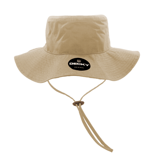 A beige structured bucket hat featuring a chin strap and a branding logo.
