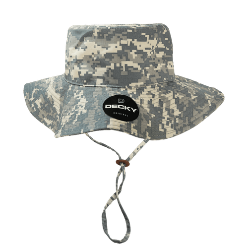 A bucket hat in a grey camouflage pattern with a chin strap and a logo on the front.