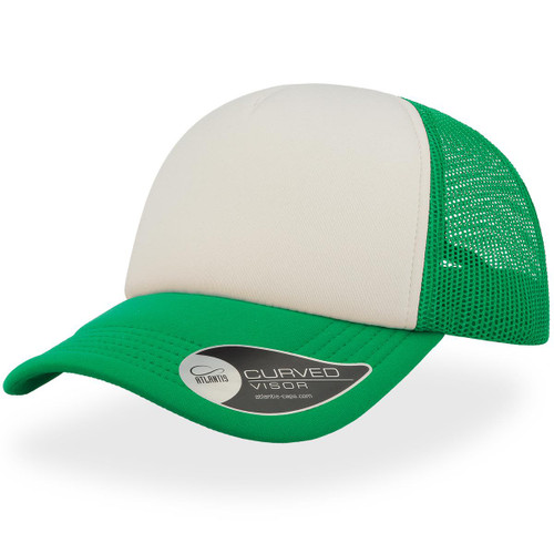 A trucker cap featuring a beige front panel and green mesh sides, with a curved visor and a logo on the side.