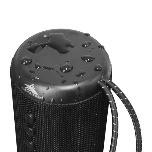 A black outdoor Bluetooth speaker with a textured surface, featuring water droplets and a carrying strap.