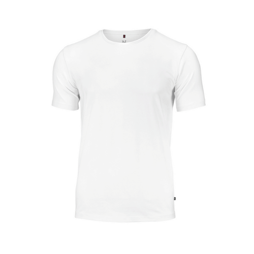 A white t-shirt made from organic cotton, featuring short sleeves and a brand logo.