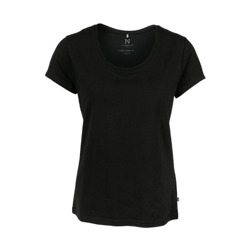A black women's T-shirt with a round neckline and short sleeves, made from organic cotton. The shirt has a logo.
