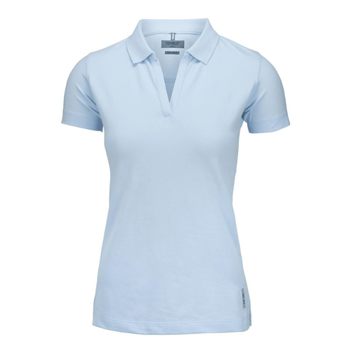 A light blue women's V-neck polo shirt made from organic cotton, featuring a collar and short sleeves.