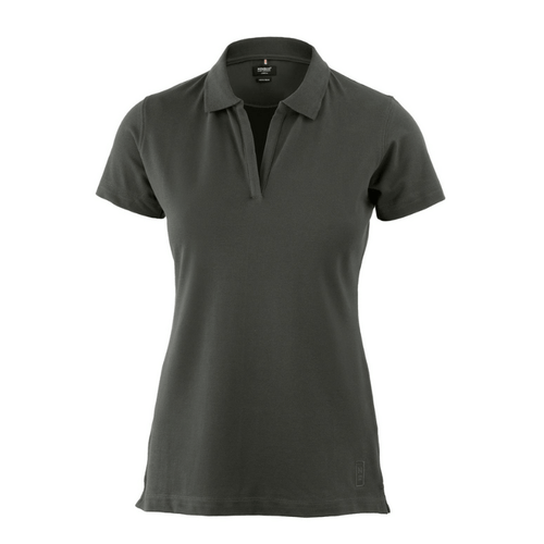 A dark green women's V-neck polo shirt made from organic cotton, featuring a collar and a fitted design.