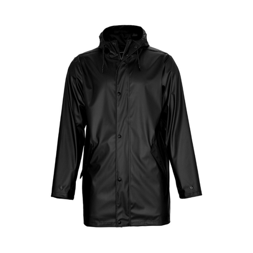 A black unisex jacket with a hood, featuring a front closure and side pockets, includes branding on the fabric.