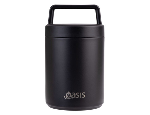 A black vacuum food flask with a handle and a spoon, featuring a logo on the front. A black vacuum food flask with a handle and a spoon, featuring a logo on the front.