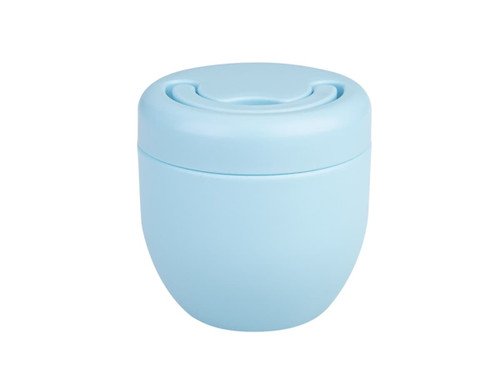 A vacuum food pod in light blue, featuring a rounded design and a secure lid. It has a visible logo.