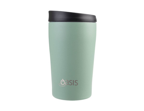 A drink bottle in a soft mint green colour with a black lid and a logo on the front.