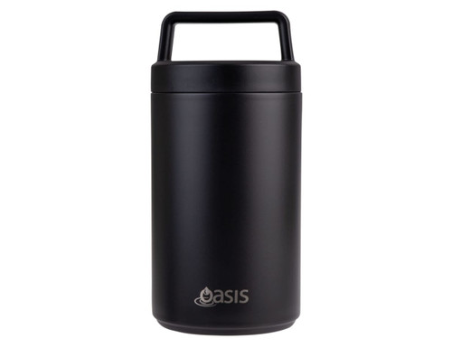 A drink bottle with a sleek black exterior, featuring a handle and an attached spoon. Branding is present. A drink bottle with a sleek black exterior, featuring a handle and an attached spoon. Branding is present.
