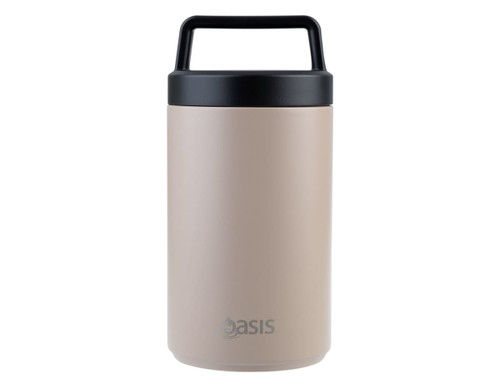 A 700ml vacuum food flask in a matte beige colour with a black lid and handle, featuring a branding logo. A 700ml vacuum food flask in a matte beige colour with a black lid and handle, featuring a branding logo.