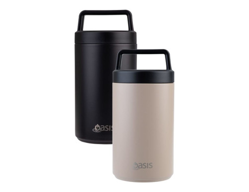 A drink bottle featuring a vacuum food flask in black and light beige, with a spoon and a handle. It has a logo. A drink bottle featuring a vacuum food flask in black and light beige, with a spoon and a handle. It has a logo.
