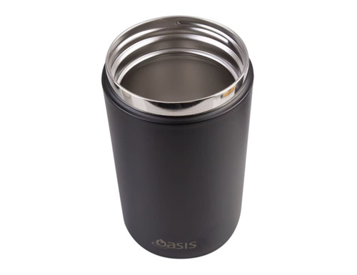 A drink bottle in matte black with a stainless steel interior, featuring a logo on the side.