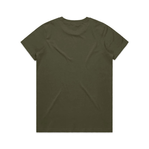 An olive green T-shirt with a classic crew neckline and short sleeves, featuring a logo on the back.