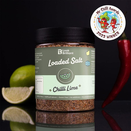 Smokey Joe's Loaded Salt Chilli Lime in a jar, featuring a red and black label, with a whole lime and a lime slice beside it, and a red chili pepper. Award badge for Mr Chilli Awards 2023 Winner in the corner.