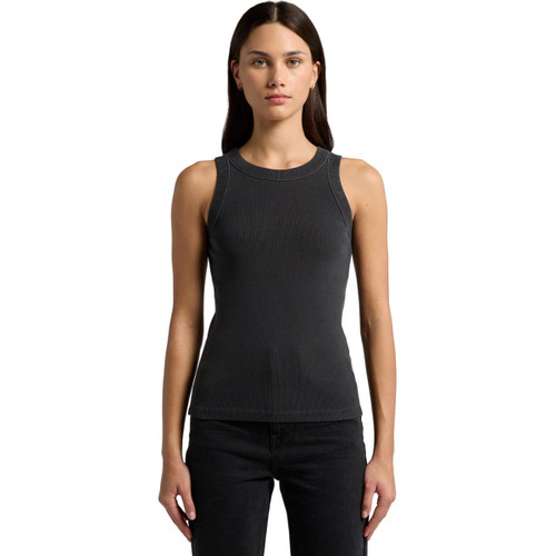 A fitted, faded organic rib tank in dark grey. The model stands against a white background, showcasing the shirt's design. A fitted, faded organic rib tank in dark grey. The model stands against a white background, showcasing the shirt's design.