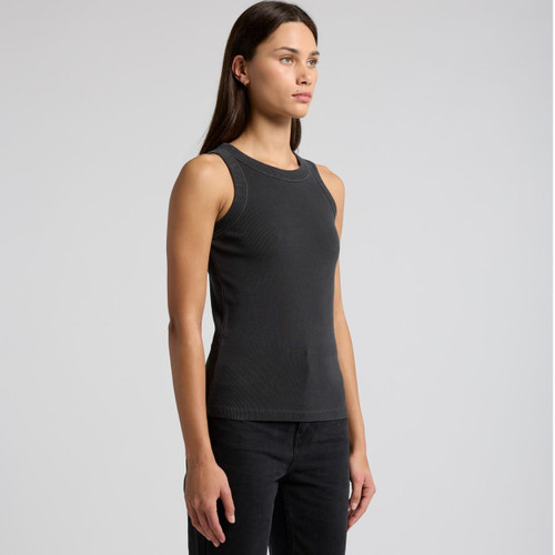 A fitted black rib tank top with a sleeveless design, featuring a logo on the side. A fitted black rib tank top with a sleeveless design, featuring a logo on the side.