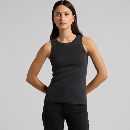 A fitted, black rib tank top with a round neckline and sleeveless design, featuring a small logo. A fitted, black rib tank top with a round neckline and sleeveless design, featuring a small logo.