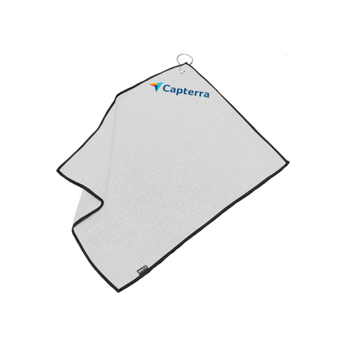A golf towel in white with a black border and a logo on one side, featuring a hanging loop.