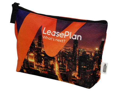 A vibrant orange and black toiletry pouch featuring a city skyline design and a branded logo. A vibrant orange and black toiletry pouch featuring a city skyline design and a branded logo.