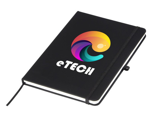 A black A5 notebook with an elastic band and a vibrant logo on the cover. A black A5 notebook with an elastic band and a vibrant logo on the cover.