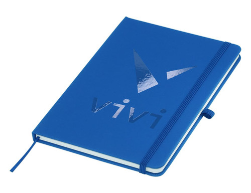 A blue A5 notebook with a glossy logo and an elastic closure, featuring a ribbon marker. A blue A5 notebook with a glossy logo and an elastic closure, featuring a ribbon marker.