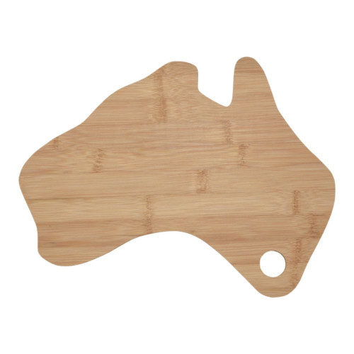 A bamboo cheese board shaped like Australia, featuring a natural wood finish and a circular hole for hanging.