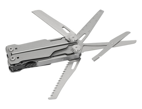 A multi-tool in silver featuring various blades and tools, including scissors, saws, and measuring scales.