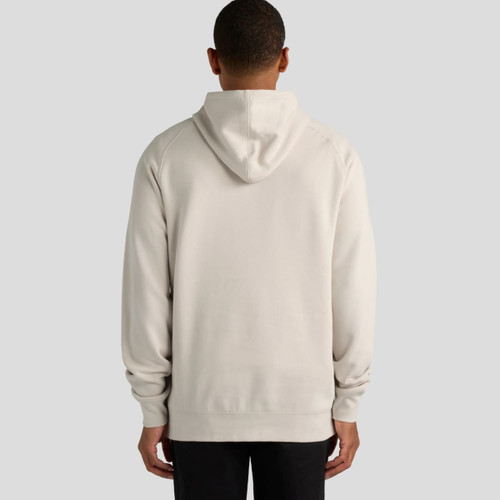 A beige hoodie with a drawstring hood and a plain back, featuring a logo on the sleeve.