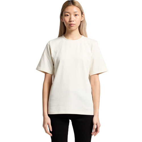 A cream-coloured T-shirt with short sleeves, featuring a simple design and a logo on the front. A cream-coloured T-shirt with short sleeves, featuring a simple design and a logo on the front.