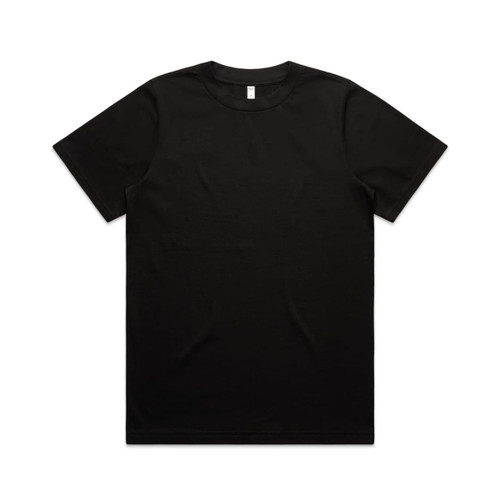 A black short-sleeve t-shirt with a crew neck and a plain design, featuring a logo on the label.