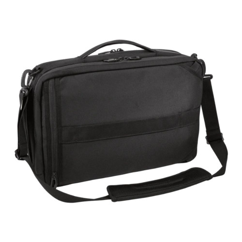 Black laptop messenger bag with shoulder strap and multiple compartments.