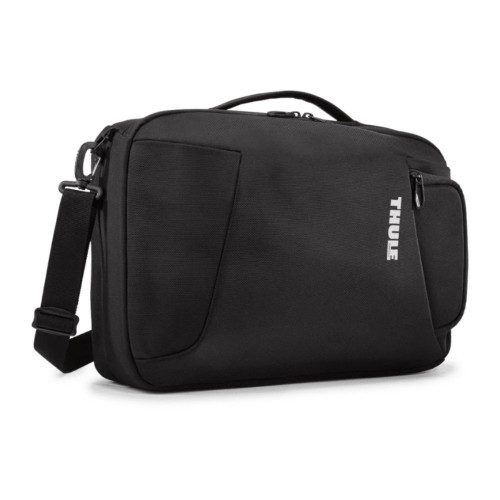 Black Thule laptop bag with shoulder strap and zippered compartments.