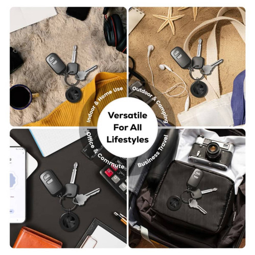 A black tracking tag is positioned with keys, a camera, and various personal items on different backgrounds.