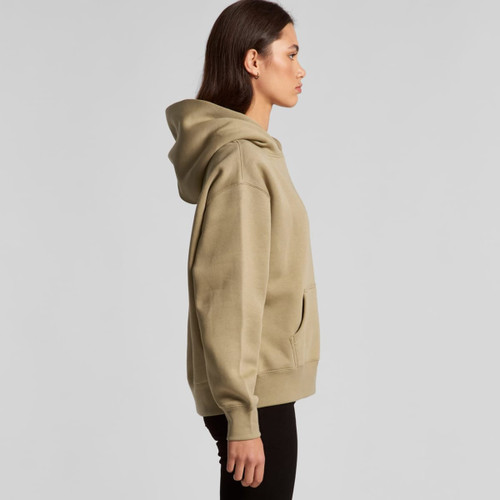 A khaki hoodie with a front pocket and a large hood, featuring a logo on the front.