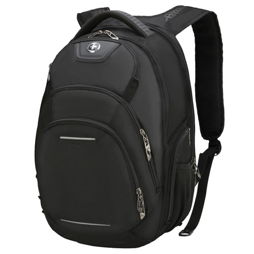 A black backpack with multiple compartments and zippers, featuring padded shoulder straps and a logo.