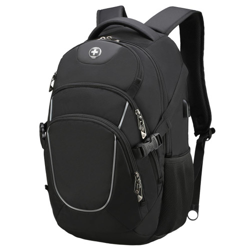 A black Swissdigital Stealth Vector Backpack featuring multiple compartments and zippers, with a side mesh pocket and logo.