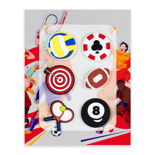 Six custom shoe charms featuring designs like a volleyball, poker chip, target, football, and an eight ball, in various colours. Six custom shoe charms featuring designs like a volleyball, poker chip, target, football, and an eight ball, in various colours.