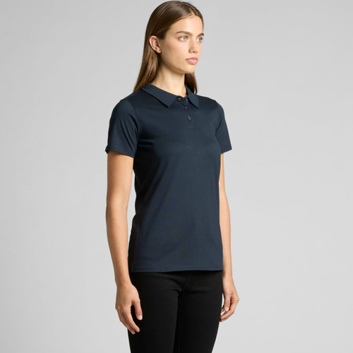 A navy blue polo shirt with a collar, featuring a logo, displayed on a model. A navy blue polo shirt with a collar, featuring a logo, displayed on a model.