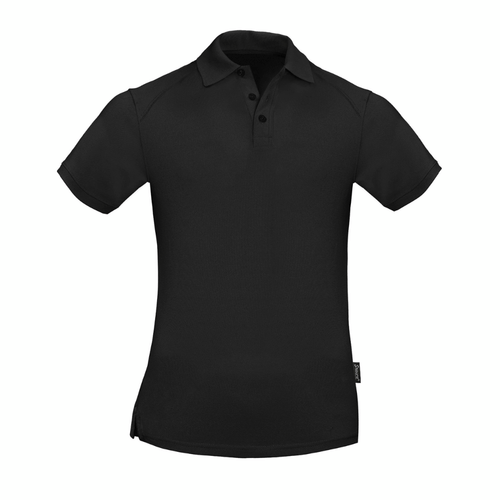 A black polo shirt featuring a collar, short sleeves, and a logo on the side.