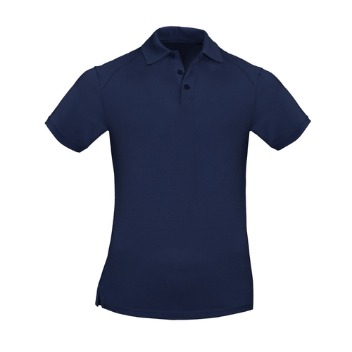 A navy blue polo shirt with a collar, short sleeves, and a logo on the chest.