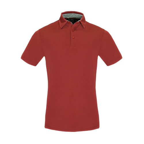 A red men's polo shirt with a classic collar and a logo on the chest area.