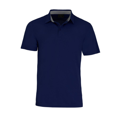 A navy blue men's polo shirt featuring a collar and short sleeves, with a logo on the chest.