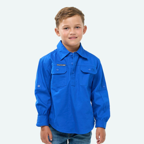 Front view of the Outback Cobber Hazeldean Kids Half Button Long Sleeve Work Shirt in royal blue, showcasing long sleeves, dual button-flap chest pockets, and a classic workwear design.